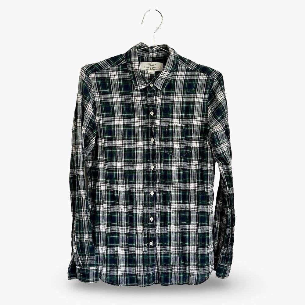 Trovata Birds of Paradis Green Plaid Boyfriend Shirt S